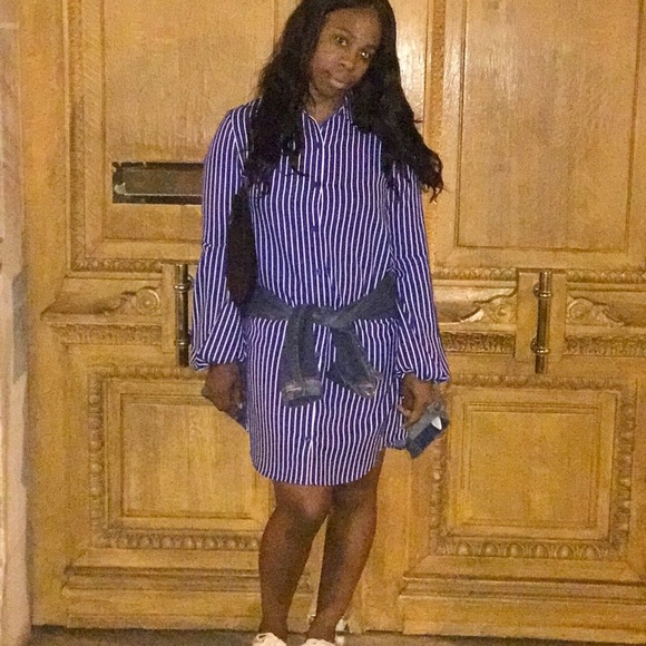 Leyden - Blue Stripe Shirt Dress w/Balloon Sleeves - Picture 5 of 5